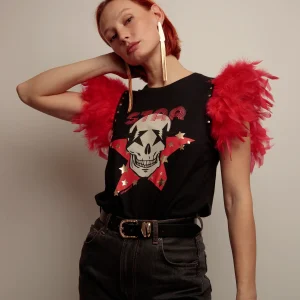 Tee-shirt à plumes rouge skull fiesta