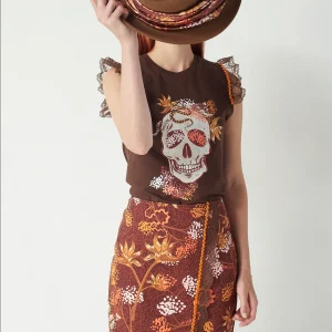 T-shirt femme Lace Skull Floral en coton marron