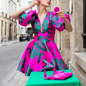 La Renversante couleur avec manches - Jacquard Fushia & Vert - Modèle en stock