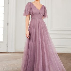 Jolie robe de soirée longue en tulle avec col en V profond(Vente finale)