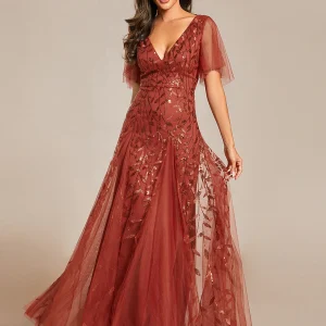 ever ASTRAL|Robe de Soirée Longue Romantique et Scintillante à Col V et Pailletes