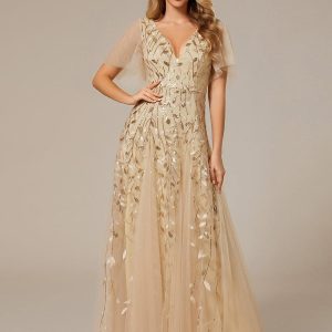 ever ASTRAL|Robe de soirée de mariage à col en V et manches à volants