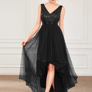 ever CALLIE|Robe de soirée haute basse sans manches à col en V et sequins(Vente finale)