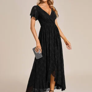 ever ELISE|Robe de soirée en dentelle plissée à manches courtes et col en V