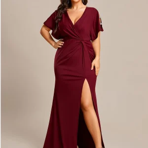 pretty LYN|Robe de Soirée Haute Fendue à Manches Paillettes de Grande Taille(Vente finale)