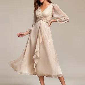 ever EMBER|Robe de soirée trapèze scintillante à manches longues et col en V en mousseline de soie avec torsadé(Vente finale)