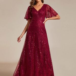 ever ARIA|Robes de soirée trapèze pailletées à col en V avec manches à volants