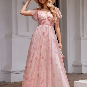 Robe de soirée trapèze en tulle floral col en V manches courtes