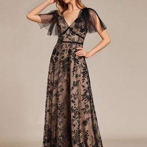 Robe longue de soirée en maille brodée à manches évasées