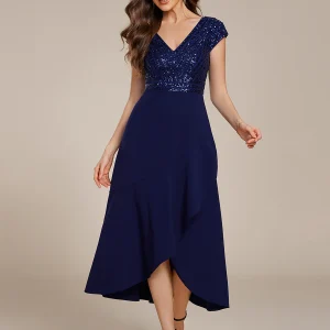 ever BAYLOR|Robe de soirée mi-longue à manches courtes en mousseline asymétrique à sequins