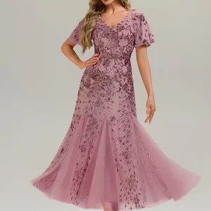 ever ANNIKA|Robe de soirée brodée à paillettes et manches à volants