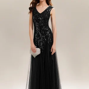 ever FREYA|Robe longue sans manches décolletée en V brodée de fleurs en A