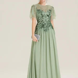 robe longue évasée à manches courtes avec volants sequins et broderies