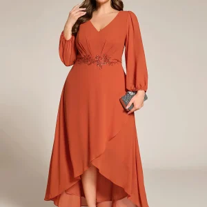 pretty MARYAM|Robe de soirée en mousseline de soie à manches longues et col en V grande taille(Vente finale)