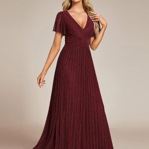 ever DAPHNE|Robe de soirée formelle scintillante à manches courtes et col en V