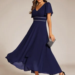 ever DAKOTA|Robe de soirée formelle en mousseline de soie à double col en V et taille ajustée