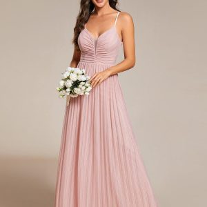 Robe de soirée plissée scintillante à bretelles spaghetti et taille empire