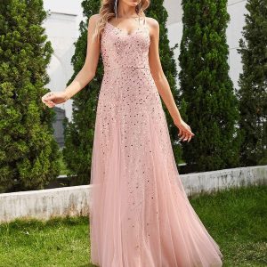 Robe de soirée sans manches en tulle à col en V et à paillettes avec taille empire(Vente finale)