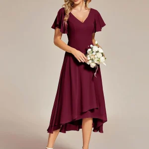 ever AALIA|Robe Mariage Invitée haute-basse mousseline col en V Manches à volants