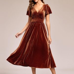 ever AZALEA|Robe invitée mariage mi-longue en velours d'automne à manches courtes et col en V gracieux