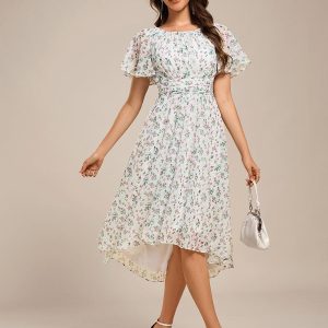 ever EDEN|Robe invitée mariage coupe trapèze en mousseline fluide à encolure ronde et longueur au genou