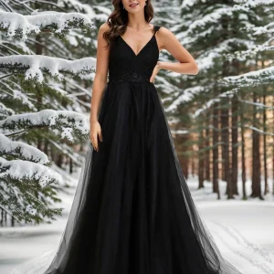 Robe De Mariée Trapèze à Double Col En V Et Corsage En Dentelle (Vente finale)