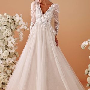 GENOVA’S BRIDE|Robe de mariée transparente à col en V et manches gigot