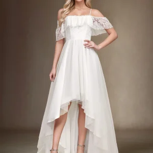 Bretelles Spaghetti Épaule Froide Robe De Mariée En Dentelle Haute Basse