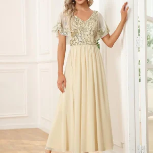 ever HAZEL|Robe Mère de la Mariée en mousseline à manches courtes et encolure en(Vente Finale)