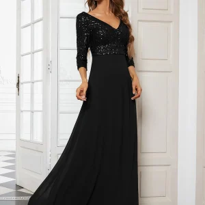 ever LUENA|Robe Longue Sensuelle Col en V Paillettes Manches 3/4