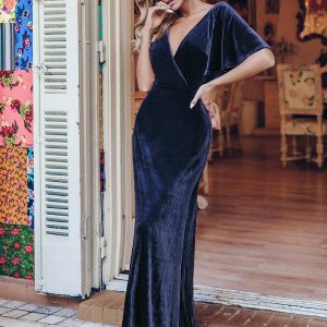 ever REINE|Robe de Soirée longue Velours à Col en V Pour Femmes (Vente finale)