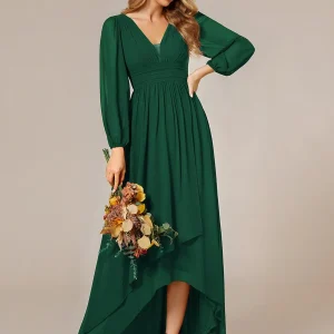 ever GRIFFIN|Charmante Robe De Demoiselle D'honneur Plissée à Manches Lanternes En Mousseline De Soie Et Taille Haute