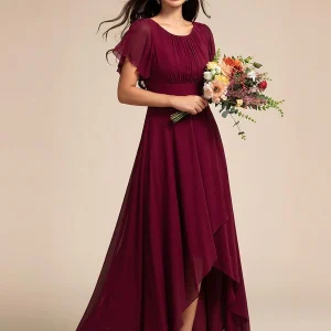 ever GIGI|Robe de demoiselle d'honneur élégante en mousseline de soie à col rond et manches courtes(Vente finale)