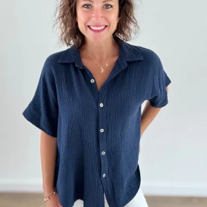 Chemise fluide oversize en gaze de coton bleu marine
