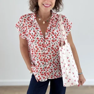 Chemisier Sans Manches Blanc à Cerises Rouges