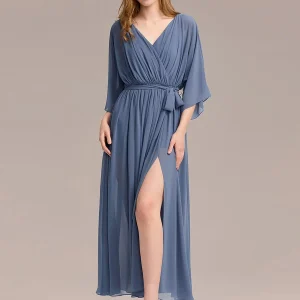 Robe fendue en mousseline à col en V et devant noué