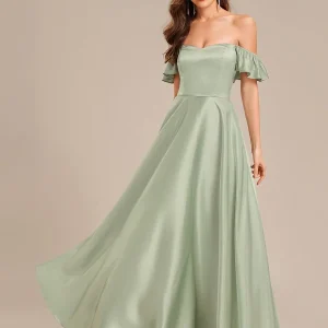 ever ALVARA|Robe de soirée en satin à épaules dénudées et manches à volants