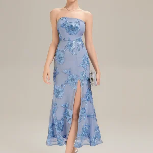 Robe maxi moulante sans bretelles sans manches à haute élasticité avec fente haute et design dos nu