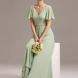 ever BELISSE|Robe de demoiselle d'honneur en mousseline à col en V et ourlet asymétrique