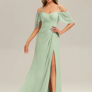 Robe longue à manches courtes en V avec volants et fente haute sur la cuisse et ourlet asymétrique Robes de demoiselle d'honneur