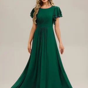 Robe longue à manches courtes avec volants en A et col rond fermeture éclair au dos Robe de demoiselle d'honneur