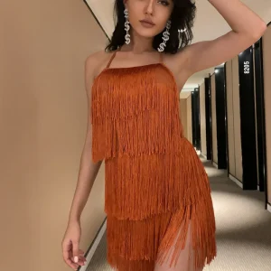 Robe dos nu terracotta à franges