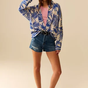 Blouse Décontractée à Motif Tropical en Bleu et Blanc