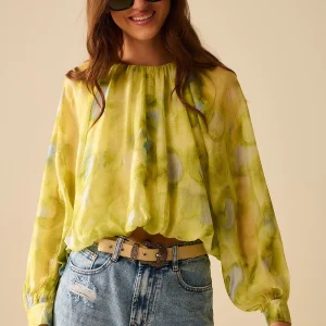 blouse en chiffon imprimé vert avec manches ballon