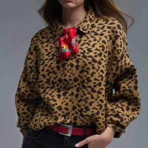 Cardigan décontracté à col polo imprimé guépard