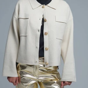 Cardigan formel décontracté en tricot avec poches poitrine en beige