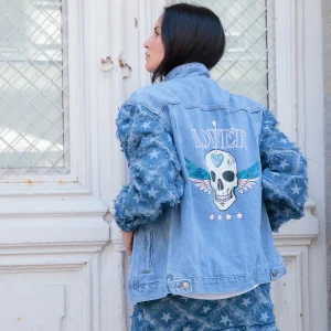 Veste en denim SKULL LOVER à manches bouffantes