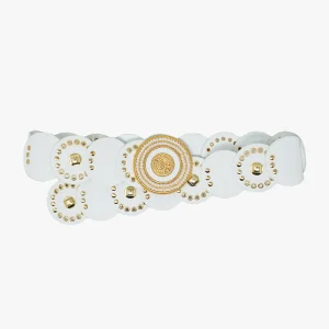 Ceinture en cuir blanc avec boucle ronde en strass blanc et détails dorés