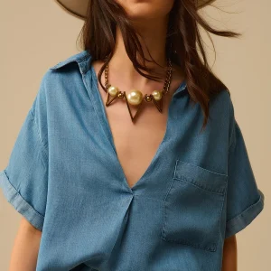 Chemise à manches courtes en tencel avec poche poitrine en bleu