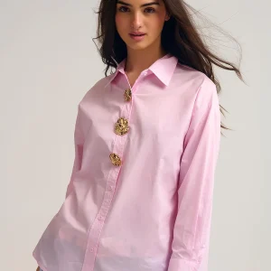 Chemise décontractée en popeline de coton rose avec boutons dorés